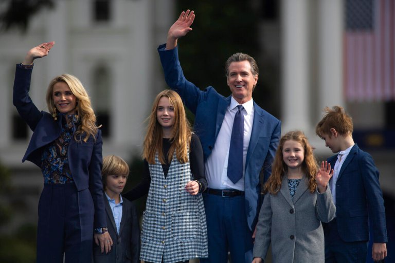 Gov. Gavin Newsom with his wife Jennifer Siebel Newsom and children Dutch, Montana, Brooklynn, and Hunter following the inauguration of Gov. Gavin Newsom in Sacramento, California, Friday, Jan. 6, 2023. 