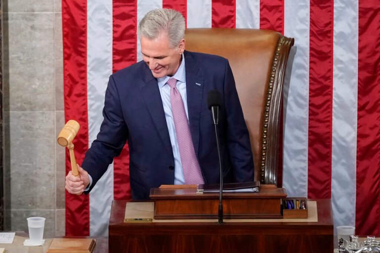 Incoming House Speaker Kevin McCarthy of Calif., holds the gavel after accepting it from House Minority Leader Hakeem Jeffries of N.Y., on the House floor at the U.S. Capitol in Washington, early Saturday, Jan. 7, 2023. 