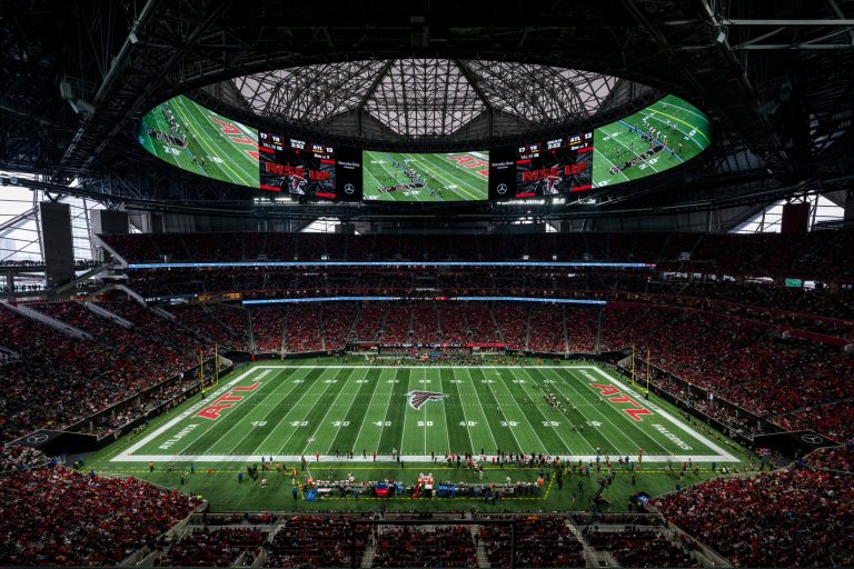A general view of Mercedes-Benz Stadium during the second half of an NFL football game between the Atlanta Falcons and the Tampa Bay Buccaneers, Sunday, Jan. 8, 2023, in Atlanta.