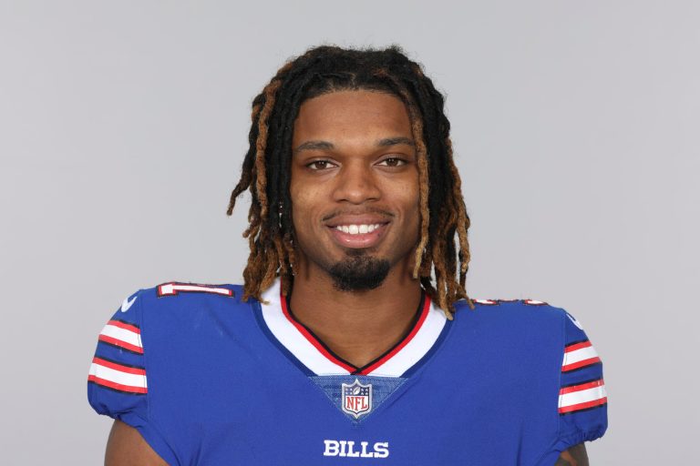 Damar Hamlin of the Buffalo Bills NFL football team smiles May 12, 2021. Damar Hamlin plans to support young people through education and sports with the $8.6 million in GoFundMe donations that unexpectedly poured into his toy drive fundraiser after he suffered a cardiac arrest in the middle of a game last week.