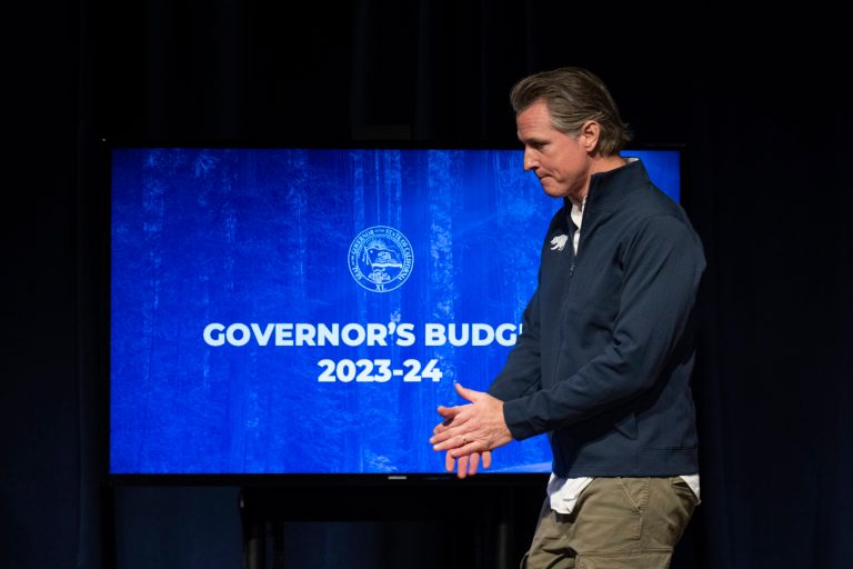 California Gov. Gavin Newsom leaves the stage after delivering his budget proposal in Sacramento, Calif., Tuesday, Jan. 10, 2023.