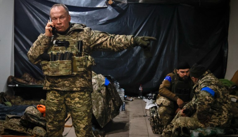 Commander of the Ukrainian army, Col. Gen. Oleksandr Syrskyi, gives instructions in a shelter in Soledar, the site of heavy battles with the Russian forces, in the Donetsk region, Ukraine, Sunday, Jan. 8, 2023. Russia's Defense Ministry said Friday Jan. 13, 2023 that its forces have captured the salt-mining town of Soledar, the focus of a bloody battle between Russian and Ukrainian forces for months.