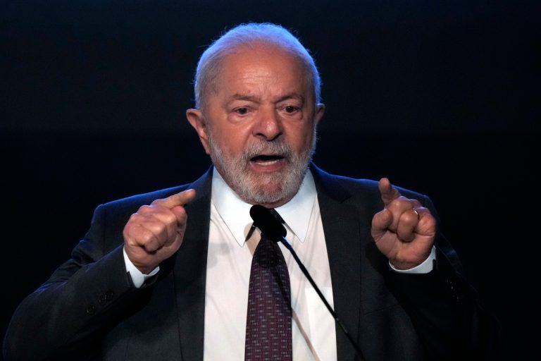 Brazil's President Luiz Inacio Lula da Silva speaks during the swearing-in ceremony of Tarciana Medeiros, the first woman to preside the Banco do Brasil, one of the countryÂ´s main public banks, in Brasilia, Brazil, Monday, Jan. 16, 2023. 