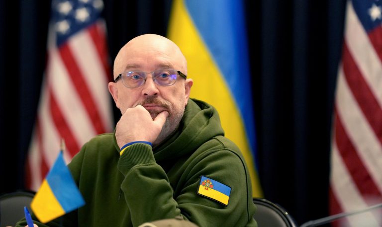 Ukrainian Minister of Defense Oleksii Reznikov attends the meeting of the 'Ukraine Defense Contact Group' at Ramstein Air Base in Ramstein, Germany, Friday, Jan. 20, 2023. (AP Photo/Michael Probst)