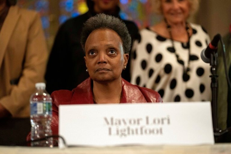 Chicago Mayor Lori Lightfoot participates in a forum with other Chicago mayoral candidates hosted by the Chicago Women Take Action Alliance Jan. 14, 2023, at the Chicago Temple in Chicago.