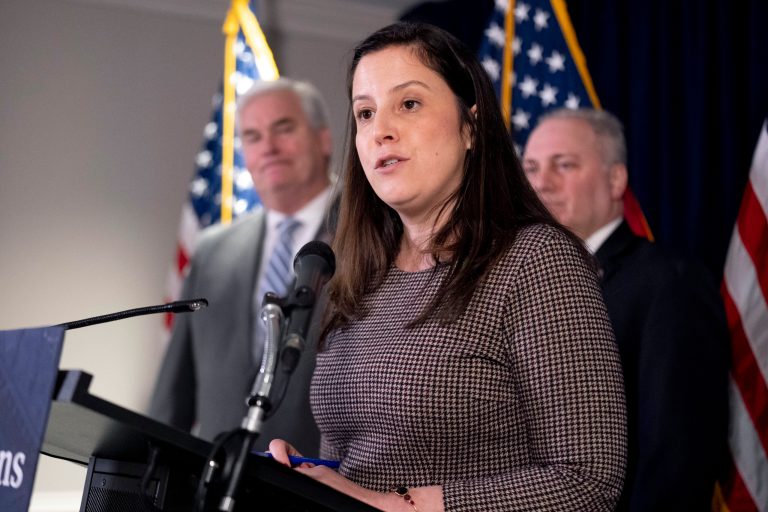 Republican Conference Chairman Rep. Elise Stefanik, R-N.Y., accompanied by Majority Whip Rep. Tom Emmer, R-Minn., left, and House Majority Leader Rep. Steve Scalise, R-La., right, speaks at a news conference on Capitol Hill in Washington, Wednesday, Jan. 25, 2023.