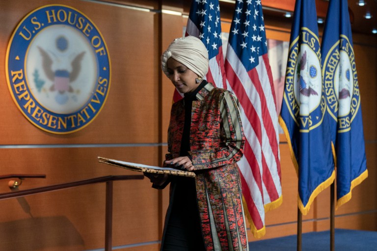 Rep. Ilhan Omar, D-Minn., leaves a news conference with Reps. Adam Schiff, D-Calif., right, and Eric Swalwell, D-Calif., on Capitol Hill in Washington, Wednesday, Jan. 25, 2023, in Washington. 