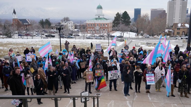 People gather in support of transgender youth during a rally at the Utah State Capitol, Tuesday, Jan. 24, 2023, in Salt Lake City. Utah lawmakers on Friday, Jan. 27, 2023, gave final approval for a measure that would ban most transgender youth from receiving gender-affirming health care like surgery or puberty blockers. 