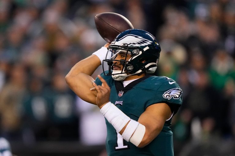 Philadelphia Eagles quarterback Jalen Hurts in action during the NFC Championship NFL football game on Sunday, Jan. 29, 2023, in Philadelphia. 