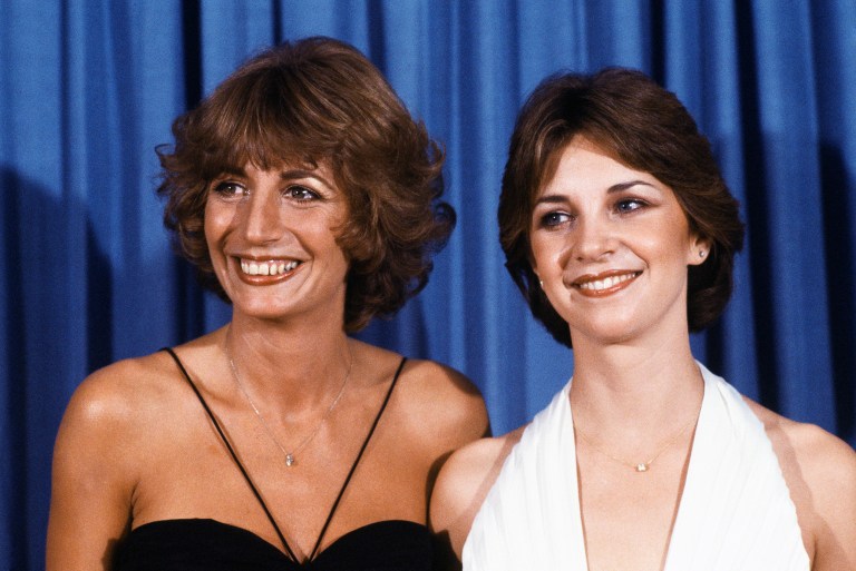 FILE - Penny Marshal, left, and Cindy Williams from the comedy series 