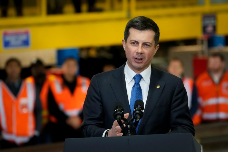 Transportation Secretary Pete Buttigieg speaks ahead of President Joe Biden's arrival during a news conference at the construction site of the Hudson Tunnel Project, Tuesday, Jan. 31, 2023, in New York.