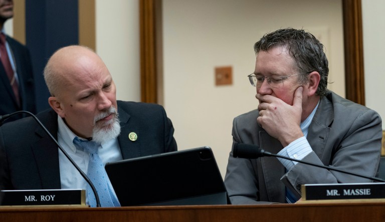 Rep. Chip Roy, R-Texas, left, and Rep. Thomas Massie, R-Ky., listen to proposed amendments as the House Judiciary Committee holds its first meeting under the Republican majority, at the Capitol in Washington, Wednesday, Feb. 1, 2023.
