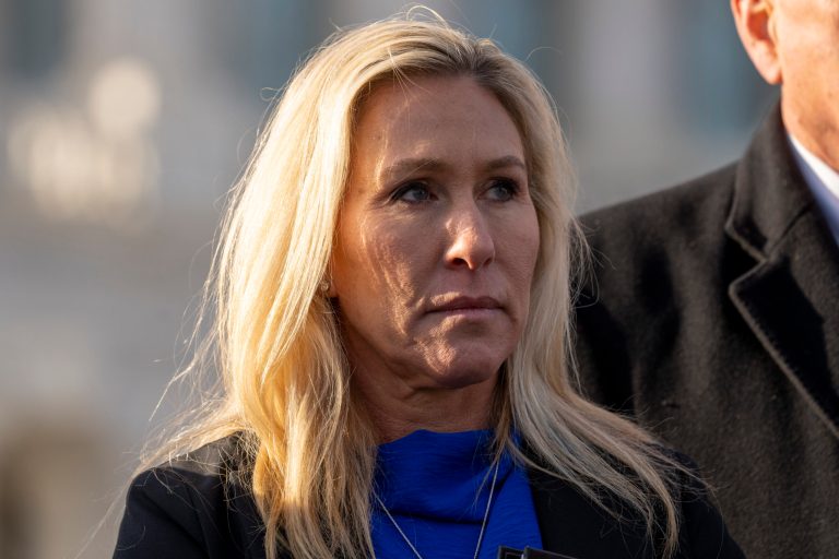 Rep. Marjorie Taylor Greene calls for impeaching Homeland Security Secretary Alejandro Mayorkas during a news conference on Capitol Hill, Wednesday, Feb. 1, 2023, in Washington. 