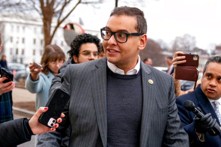 Rep. George Santos, R-N.Y., leaves a House GOP conference meeting on Capitol Hill, in Washington, Jan. 25, 2023.