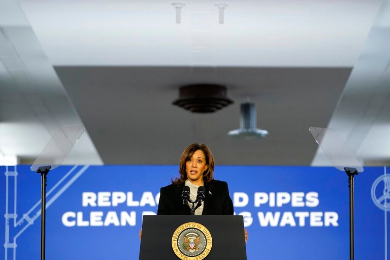 Vice President Kamala Harris speaks before President Joe Biden about his infrastructure agenda while announcing funding to upgrade Philadelphia's water facilities and replace lead pipes, Friday, Feb. 3, 2023, at Belmont Water Treatment Center in Philadelphia. 
