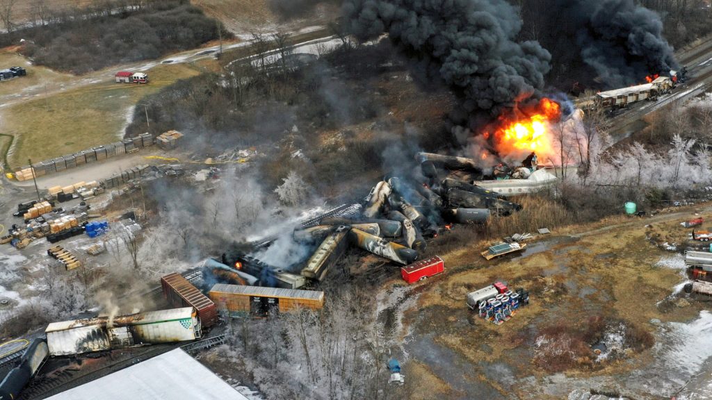 Explosion fears loom as Ohio train continues to burn days after derailment