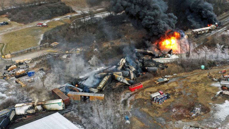 This photo taken with a drone shows portions of a Norfolk and Southern freight train that derailed Friday night in East Palestine, Ohio are still on fire at mid-day Saturday, Feb. 4, 2023. 