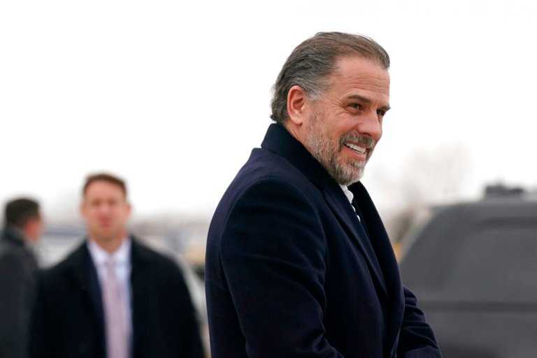 Hunter Biden, son of President Joe Biden, boards Air Force One with the president, Saturday, Feb. 4, 2023, at Hancock Field Air National Guard Base in Syracuse, N.Y. Biden is traveling to Camp David in Maryland after visiting with family members following the passing of Michael Hunter, the brother of the president's first wife, Neilia Hunter Biden.