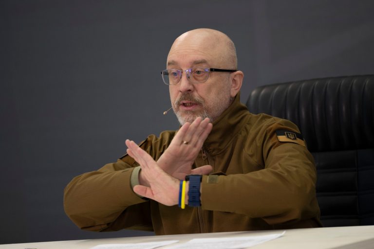 Ukrainian Minister of Defense Oleksii Reznikov speaks during a press conference in Kyiv, Ukraine, Sunday, Feb. 5, 2023.