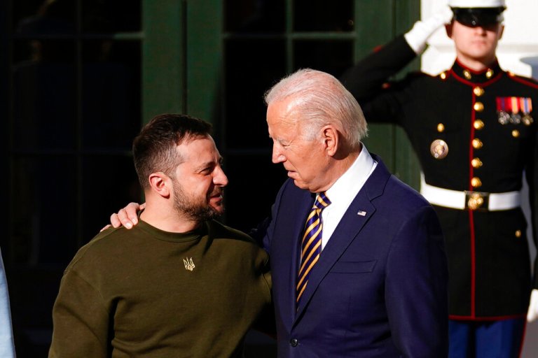 FILE - President Joe Biden welcomes Ukraine's President Volodymyr Zelenskyy at the White House in Washington, Dec. 21, 2022.