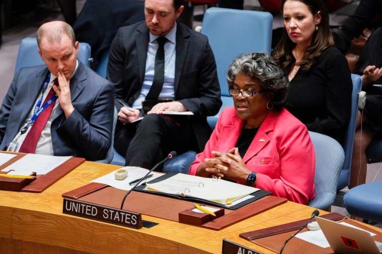 Linda Thomas-Greenfield, Permanent Representative of the United States to the United Nations, speaks during a Security Council meeting on the maintenance of peace and security of Ukraine, Monday, Feb. 6, 2023, at United Nations headquarters. 