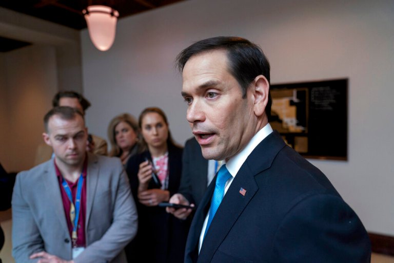 Senate Intelligence Committee Vice Chairman Marco Rubio, R-Fla., talks to reporters at the Capitol in Washington, Thursday, Feb. 9, 2023.