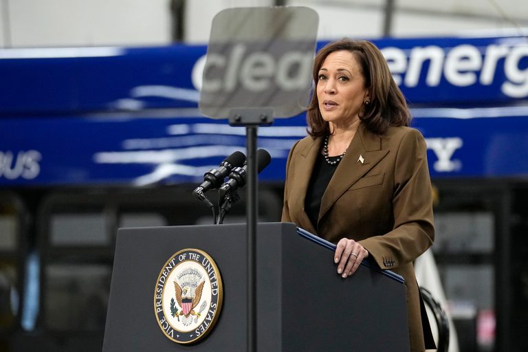 Vice President Kamala Harris speaks about the Biden Administration's commitment to electric vehicles and clean energy at New Flyer, an electric vehicles manufacturing company, Thursday, Feb. 9, 2023, in St. Cloud, Minn. 