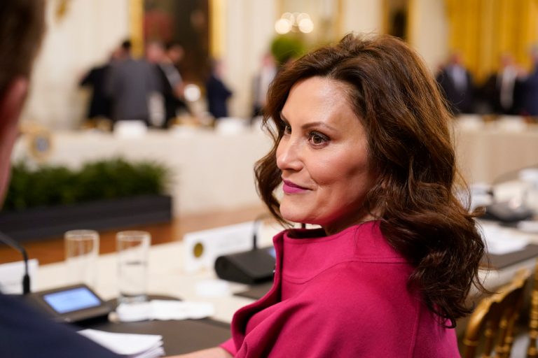 Michigan Gov. Gretchen Whitmer arrives ahead of a meeting with President Joe Biden and the National Governors Association in the East Room, Friday, Feb. 10, 2023, in Washington.