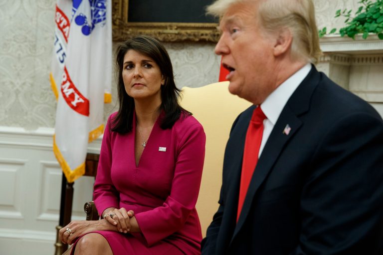 FILE - President Donald Trump speaks during a meeting with outgoing U.S. Ambassador to the United Nations Nikki Haley in the Oval Office of the White House, Oct. 9, 2018, in Washington.