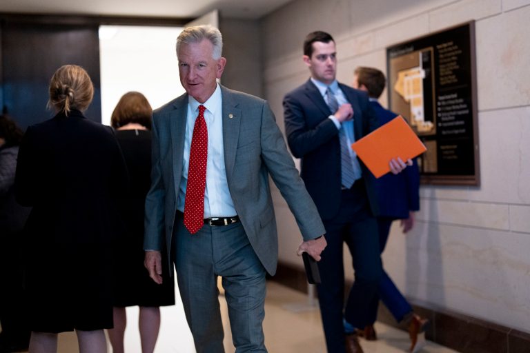 Sen. Tommy Tuberville, R-Ala., leaves following an intelligence briefing on the unknown aerial objects the U.S. military shot down this weekend at the Capitol in Washington, Tuesday, Feb. 14, 2023.