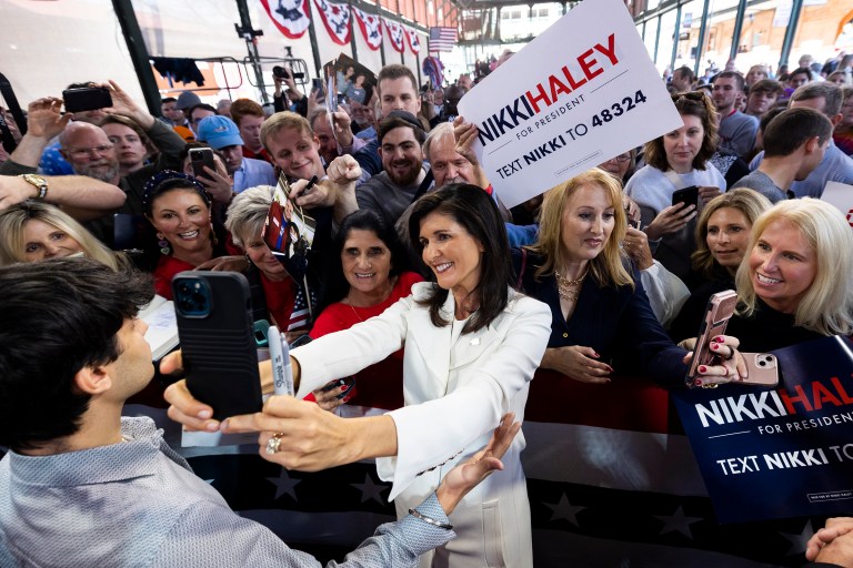 Republican presidential candidate Nikki Haley greets supporters after her speech Wednesday, Feb. 15, 2023, in Charleston, South Carolina.