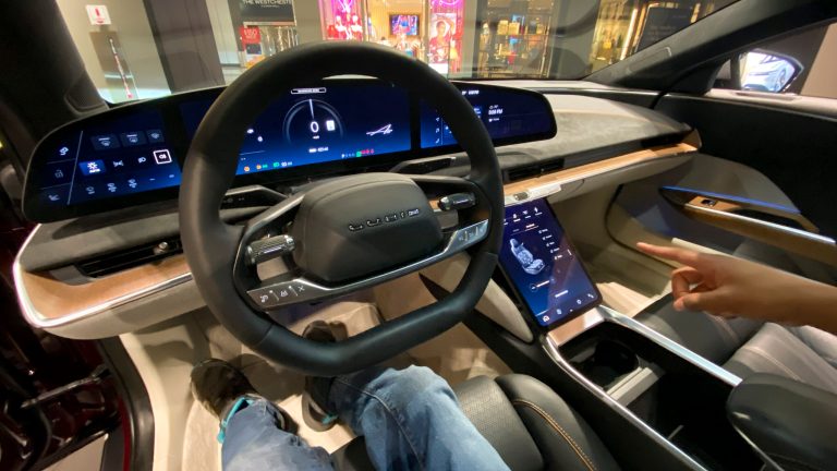 The dashboard of a Lucid Air electric car sits on display inside a showroom, Thursday, Feb. 9, 2023, in White Plains, N.Y. 