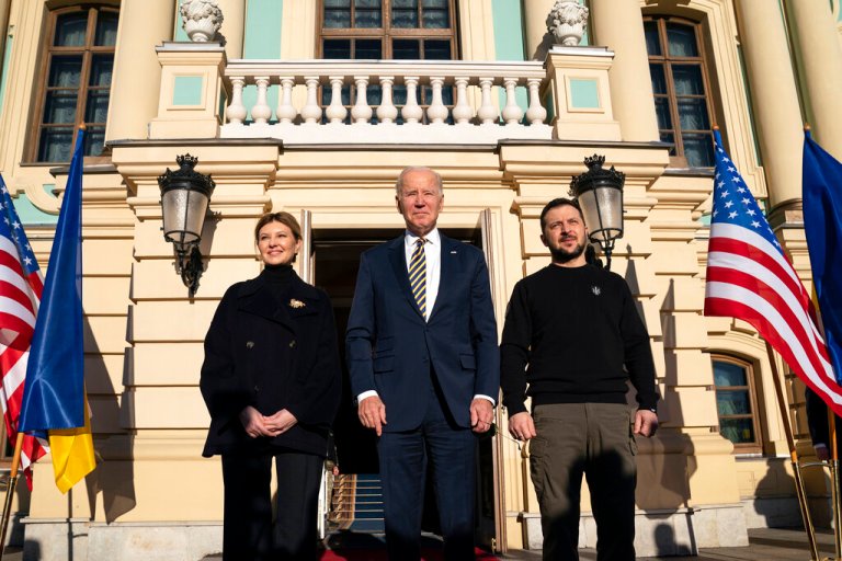 US President Joe Biden, center, meets with Ukrainian President Volodymyr Zelenskyy, right, and Olena Zelenska, left, spouse of President Zelenskyy, at Mariinsky Palace during an unannounced visit in Kyiv, Ukraine, Monday, Feb. 20, 2023.