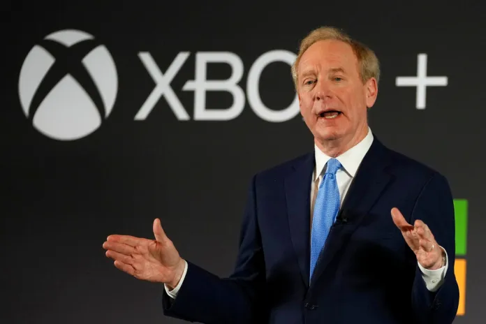 Microsoft President Brad Smith addresses a media conference regarding Microsoft's acquisition of Activision Blizzard and the future of gaming in Brussels, Tuesday, Feb. 21, 2023.