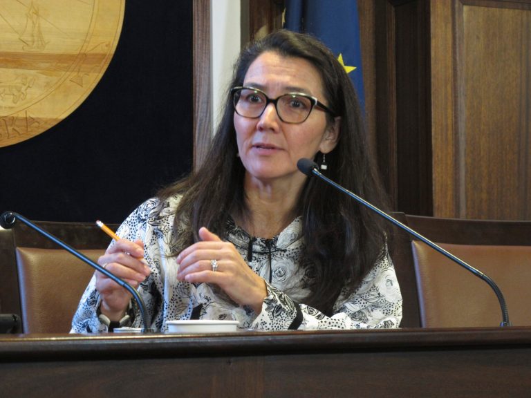 Rep. Mary Peltola (D-AK) speaks to reporters after giving an address to state lawmakers on Friday, Feb. 17, 2023, in Juneau, Alaska. Peltola's husband, Eugene 