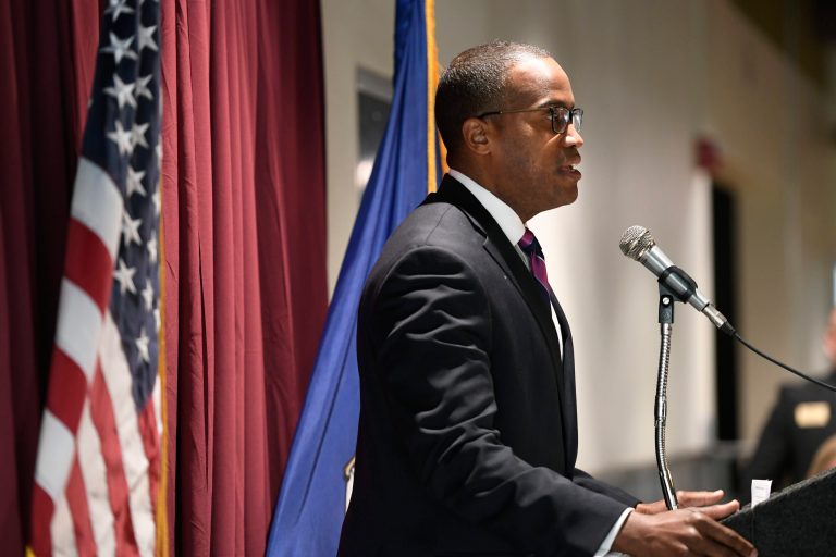 Rep. John James (R-MI) addresses the audience after being sworn into office, Friday, Feb. 24, 2023, in Warren, Michigan.