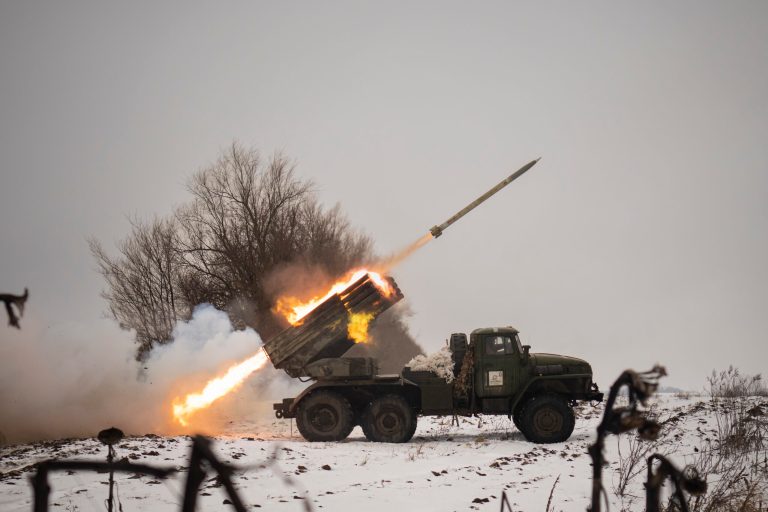 Ukrainian military fires from a multiple rocket launcher at Russian positions in the Kharkiv area, Ukraine, on Feb. 25, 2023. 