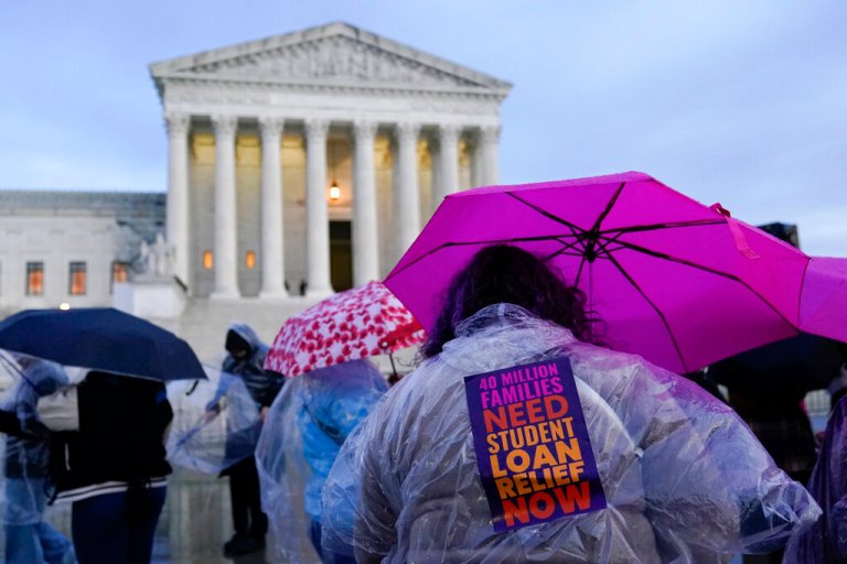 Student debt relief advocates gather outside the Supreme Court on Capitol Hill in Washington, Monday, Feb. 27, 2023, ahead of arguments over President Joe Biden's student debt relief plan. 