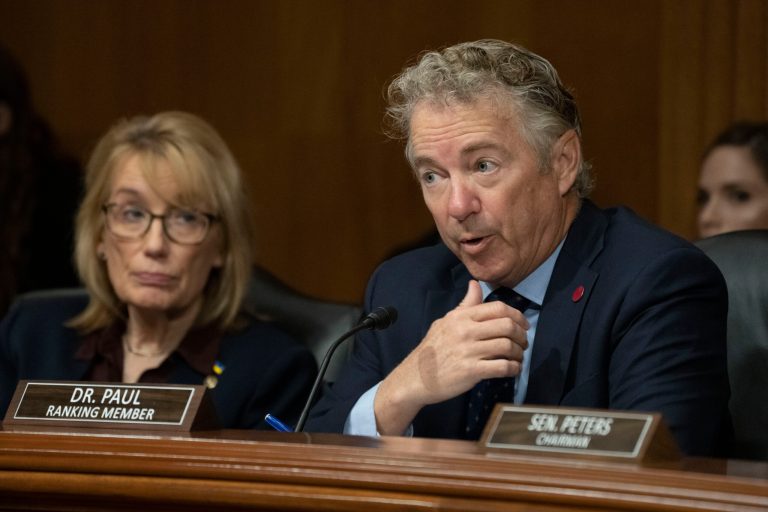 Committee ranking member Sen. Rand Paul, R-Ky., appears during a Senate Homeland Security and Governmental Affairs Committee full committee hearing on Capitol Hill in Washington on Feb. 28, 2023. 