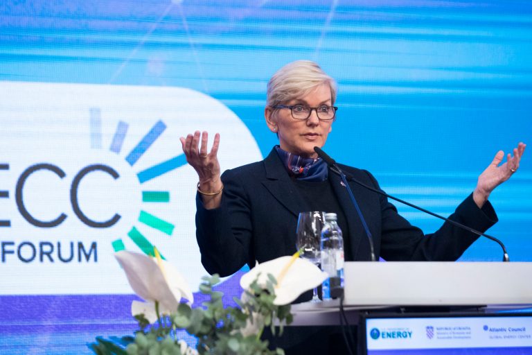 U.S. Secretary of Energy Jennifer M. Granholm speaks during the Partnership for Transatlantic Energy and Climate Cooperation Ministerial forum in Zagreb, Croatia, Wednesday, March 1, 2023. (AP Photo)