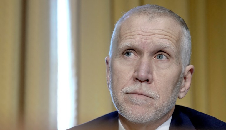 Sen. Thom Tillis, R-N.C., listens during a Senate Finance Committee business meeting Thursday, March 2, 2023, on Capitol Hill in Washington. (AP Photo/Mariam Zuhaib)
