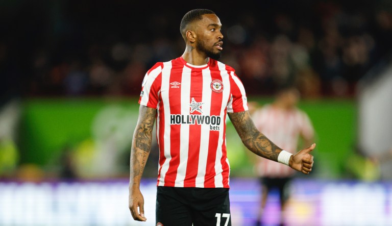 Brentford's Ivan Toney gestures during the English Premier League soccer match between Brentford and Fulham at Brentford Community Stadium in Brentford, West London, Monday, March 6, 2023.