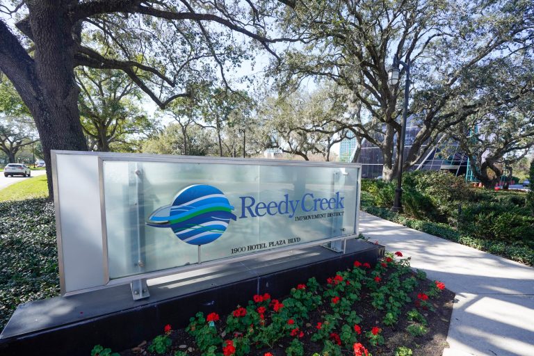 A sign near the entrance of the Reedy Creek Improvement District administration building is seen on Feb. 6, 2023, in Lake Buena Vista, Fla. 