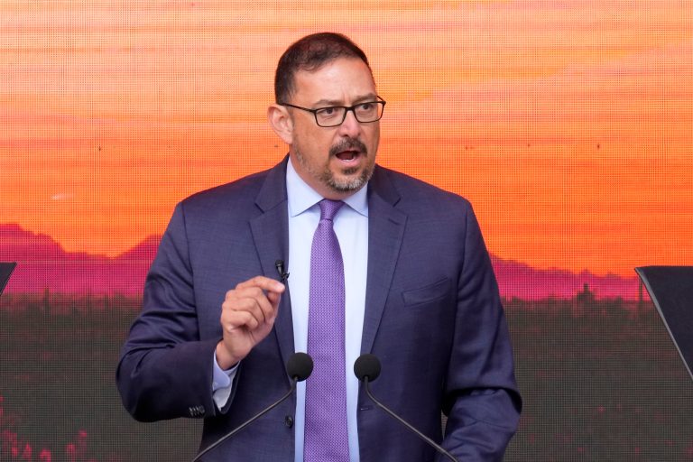 Arizona Secretary of State Adrian Fontes speaks after taking the ceremonial oath of office at the state Capitol during a public ceremonial inauguration at the Arizona Capitol in Phoenix, Jan. 5, 2023. 