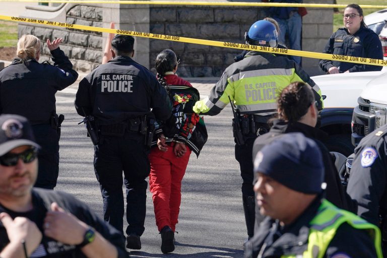 U.S. Capitol Police officers detain a demonstrator during a protest in front of the Dirksen Senate Office Building, Wednesday, March 8, 2023, on Capitol Hill in Washington. 