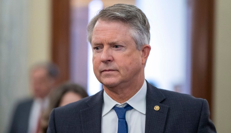 Sen. Roger Marshall (R-KS) arrives for a hearing of the Senate Agriculture, Nutrition, and Forestry Committee to examine the Department of Agriculture, on Capitol Hill, Thursday, March 16, 2023 in Washington.