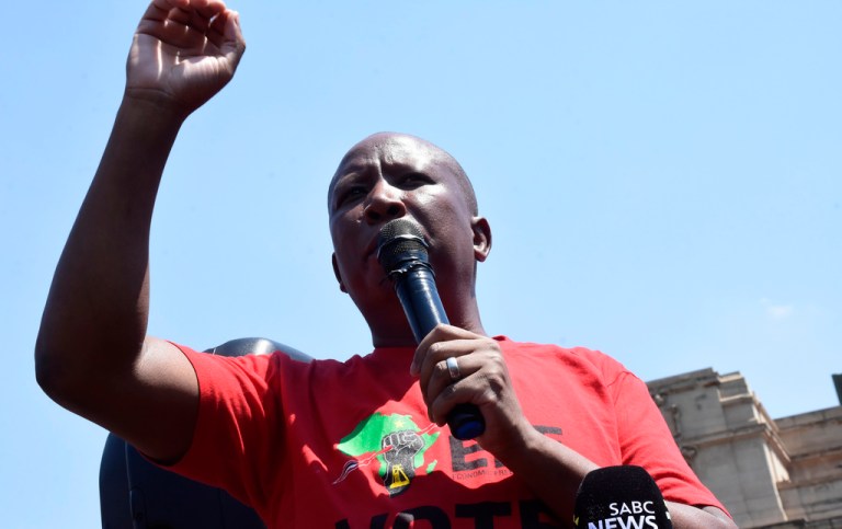 Julius Malema, the leader of the Economic Freedom Fighters, addresses supporters in Pretoria, South Africa, on March 20, 2023. 