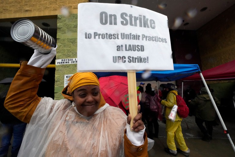 LA school strike: Teachers dance in the rain while parents scramble for child care