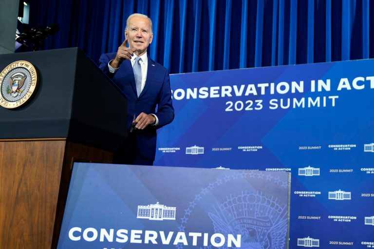 President Joe Biden speaks at the White House Conservation in Action Summit at the Department of the Interior, Tuesday, March 21, 2023, in Washington.