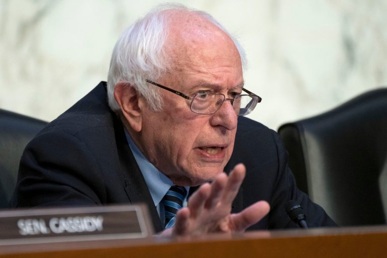 Senate HELP Committee Chair Sen. Bernie Sanders, I-Vt., questions Moderna CEO and Director Stephane Bancel during a Senate HELP Committee hearing on the price of the COVID-19 vaccine, Wednesday, March 22, 2023, on Capitol Hill in Washington.